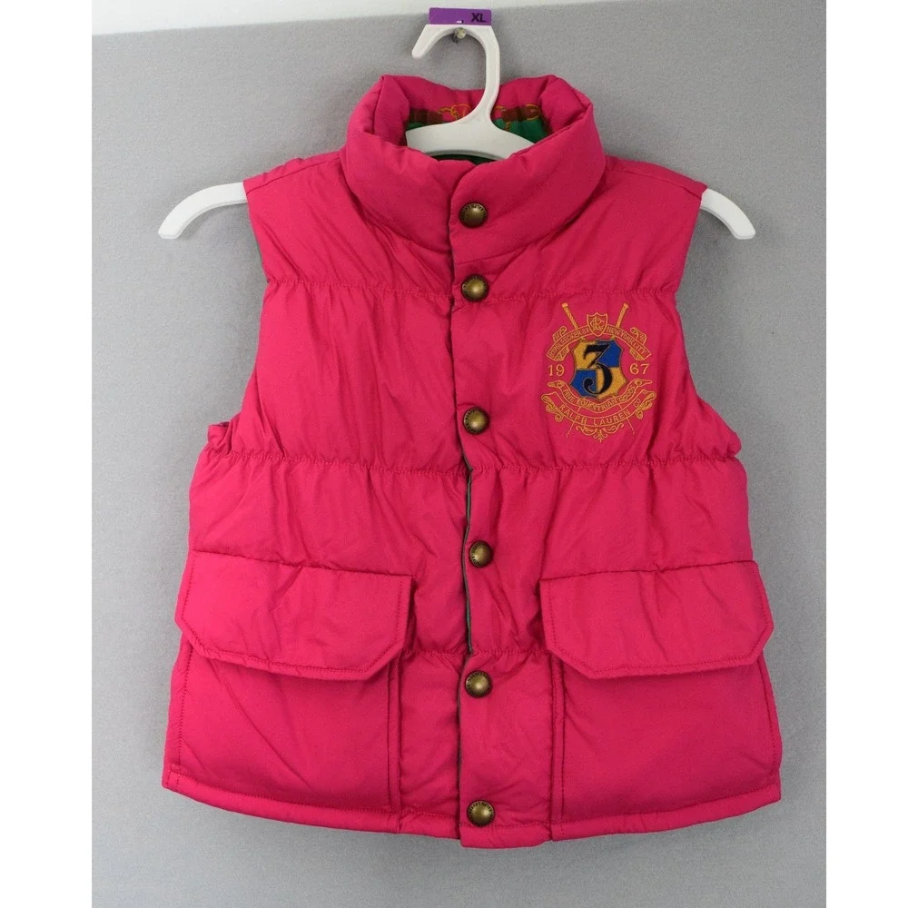Ralph Lauren Reversible Puffer Vest Size S 7 Pink Green Down Crest Girls Kids
